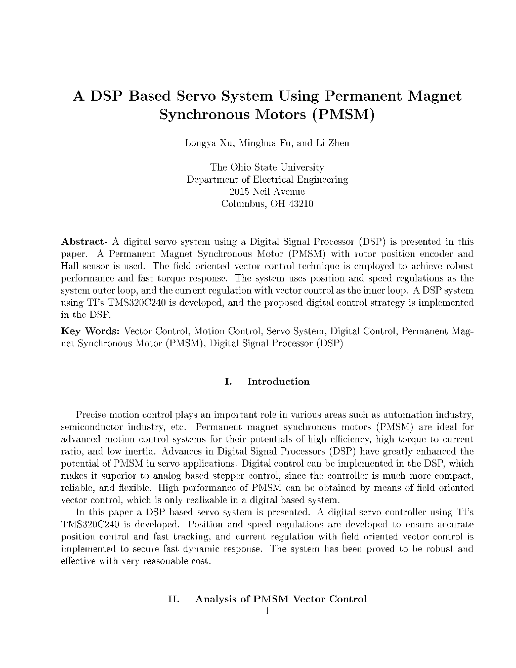 A DSP Based Servo System Using Permanent Magnet Synchronous