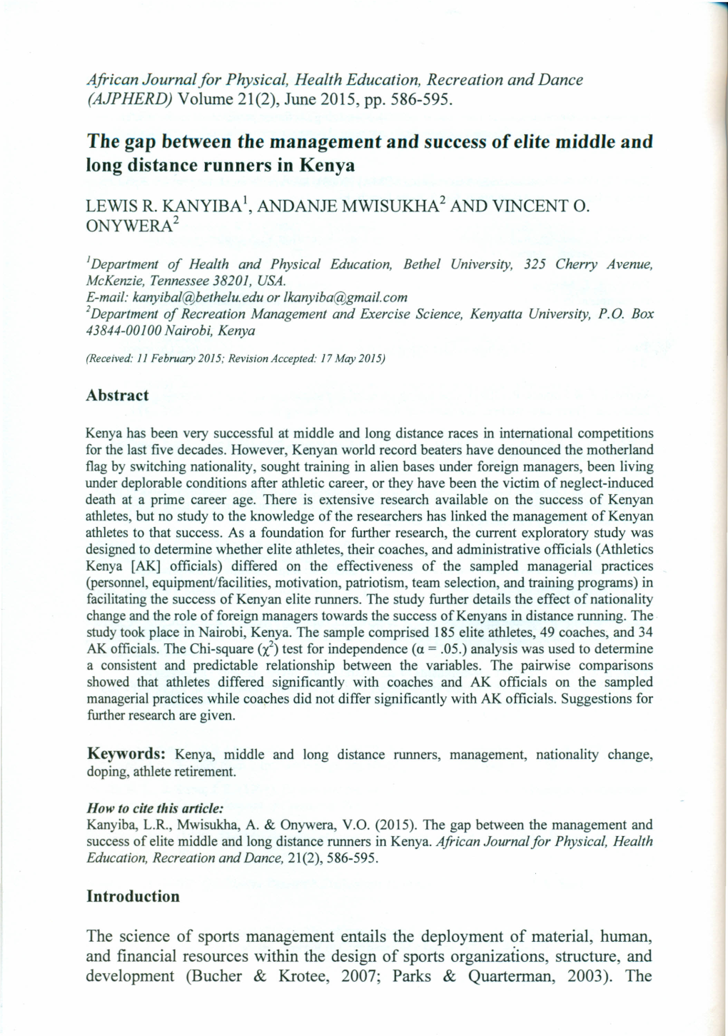 The Gap Between the Management and Success of Elite Middle and Long Distance Runners in Kenya