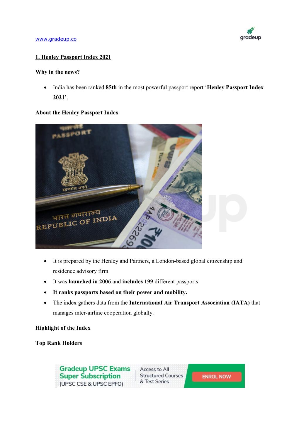 1. Henley Passport Index 2021 Why in the News?