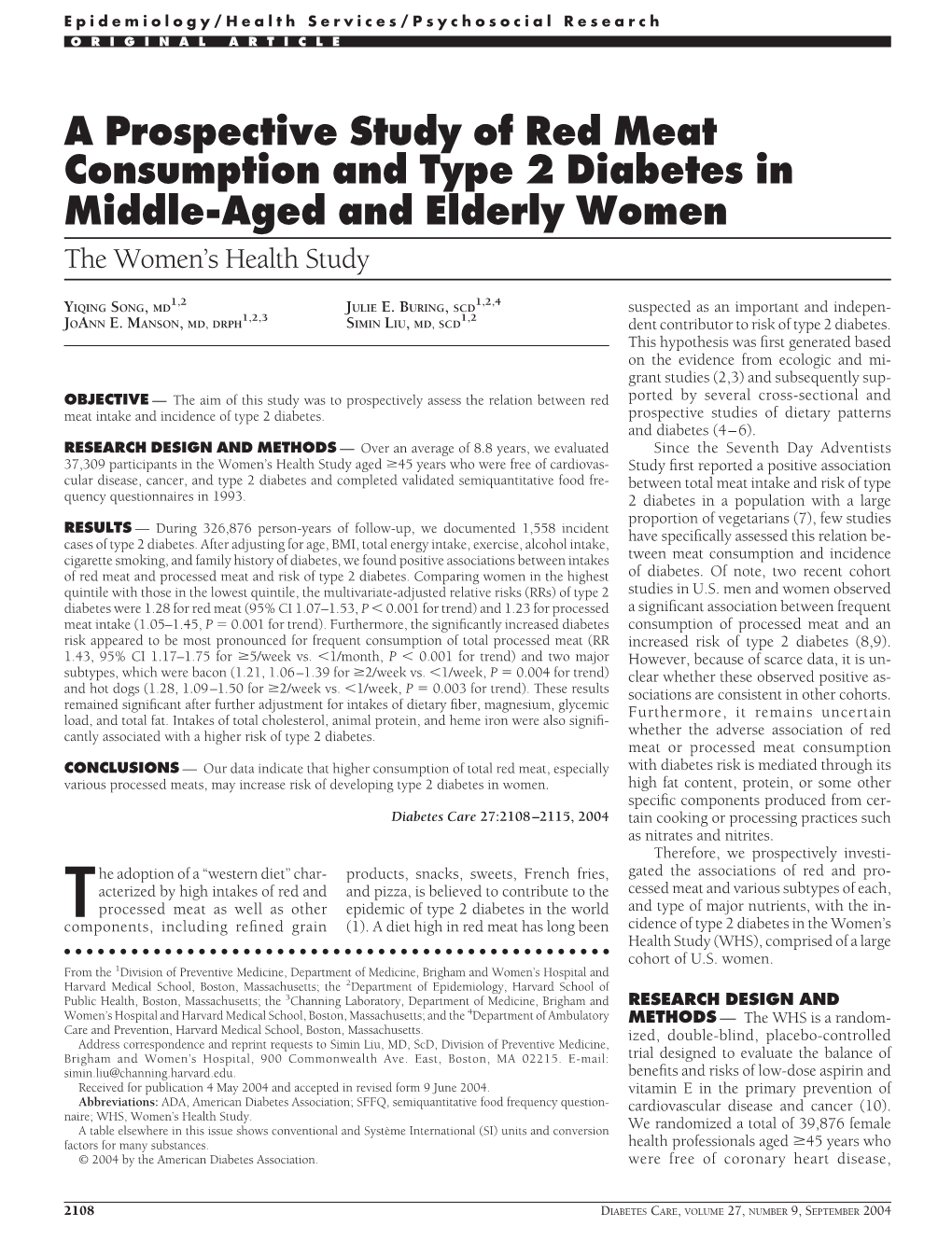 A Prospective Study of Red Meat Consumption and Type 2 Diabetes in Middle-Aged and Elderly Women the Women’S Health Study