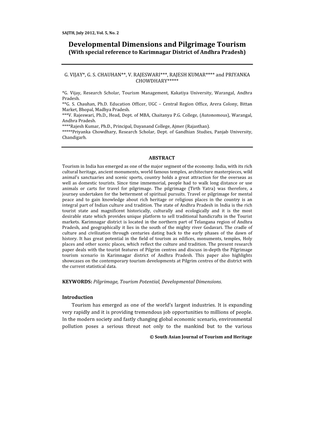 Developmental Dimensions and Pilgrimage Tourism (With Special Reference to Karimnagar District of Andhra Pradesh)