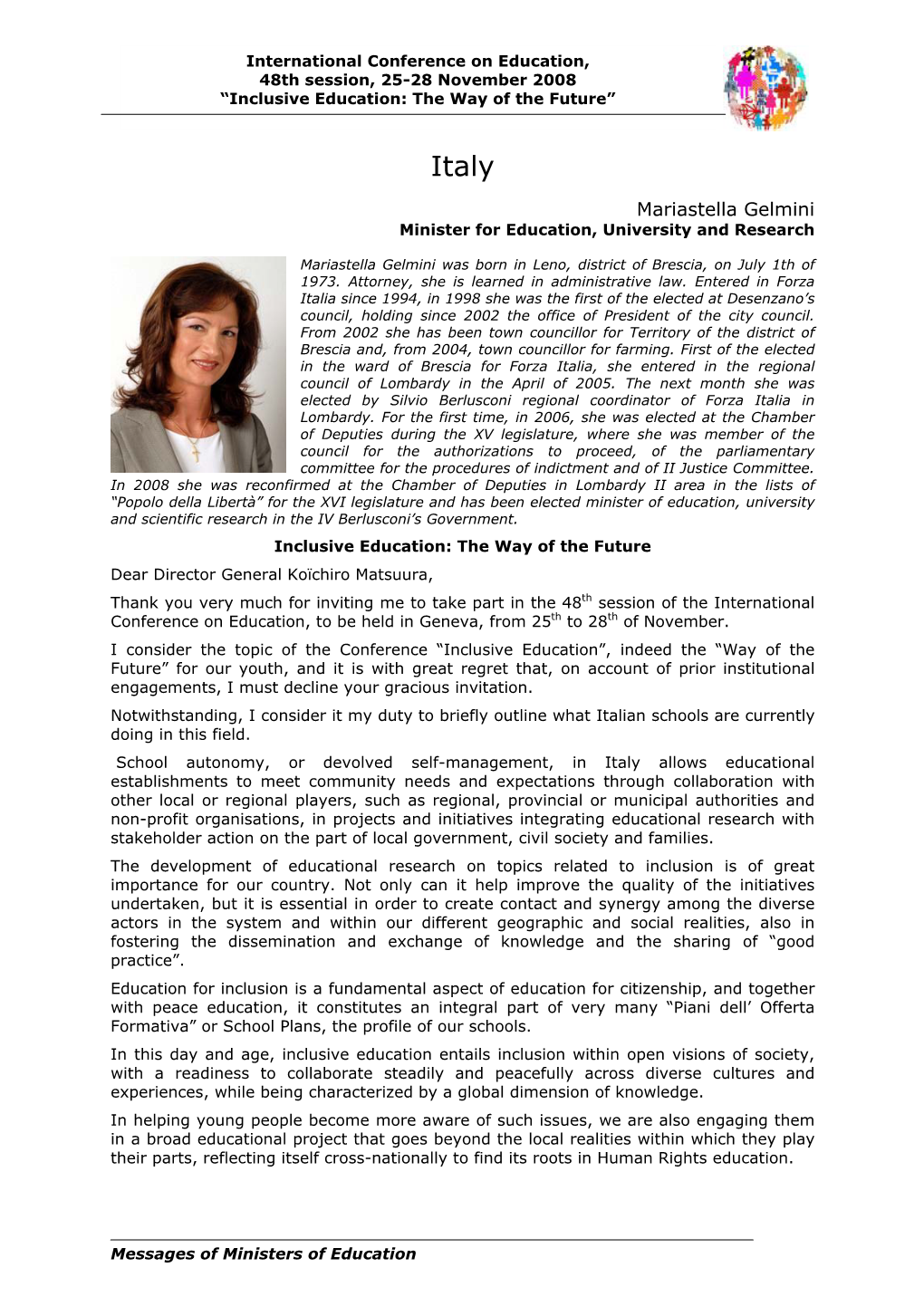 Message to the International Conference on Education (ICE) 2008