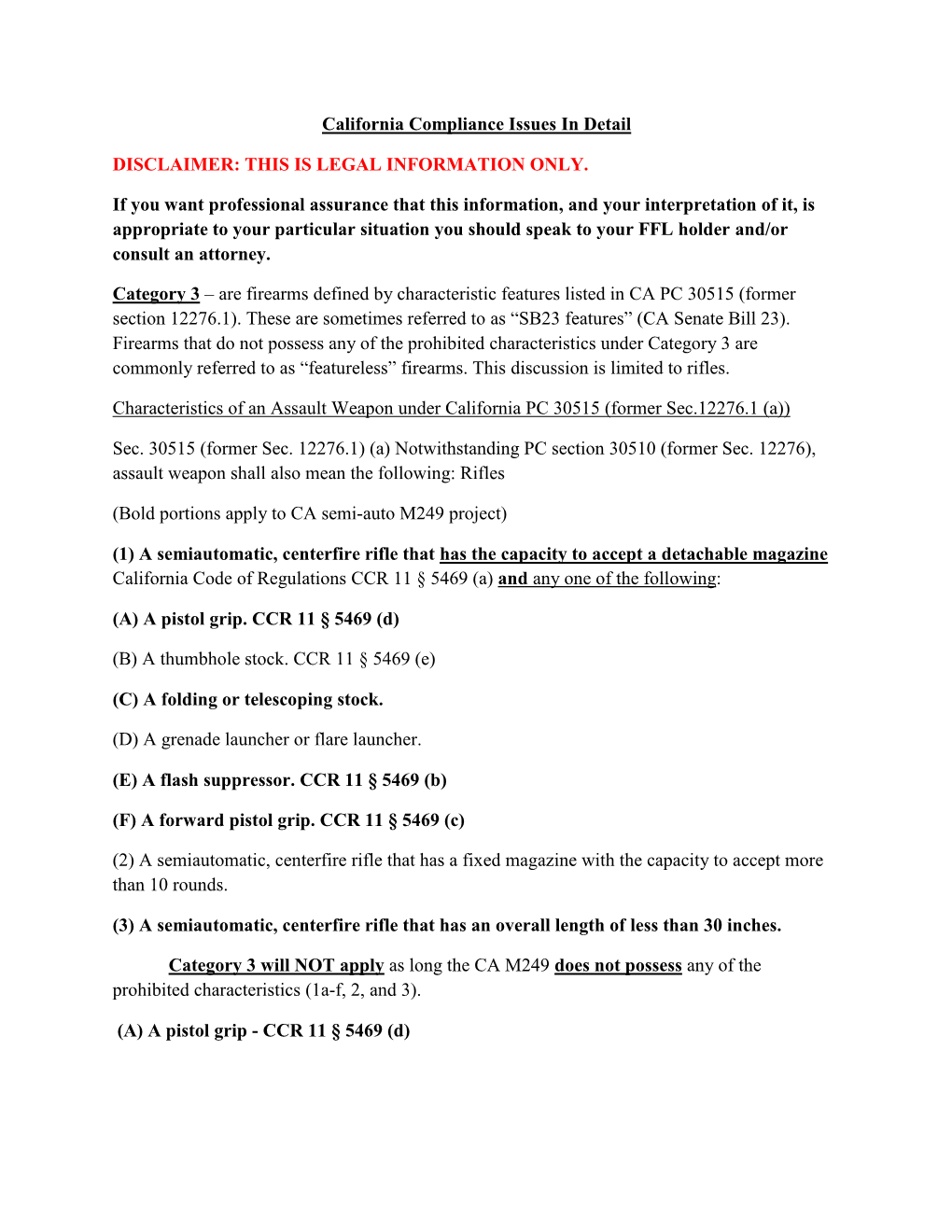 California Compliance Issues in Detail DISCLAIMER