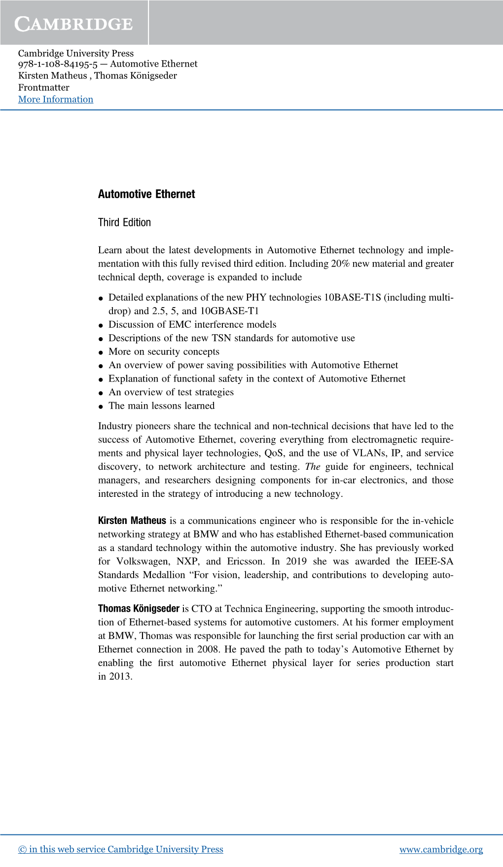 Automotive Ethernet Kirsten Matheus , Thomas Königseder Frontmatter More Information