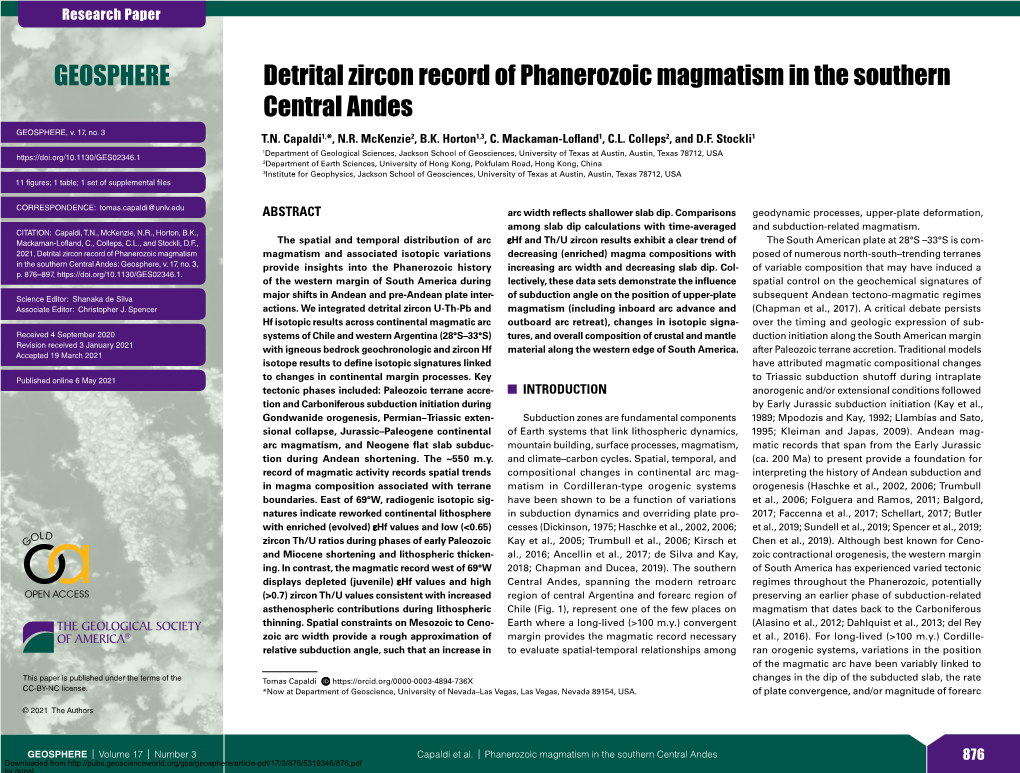 Detrital Zircon Record of Phanerozoic Magmatism in the Southern Central Andes GEOSPHERE, V