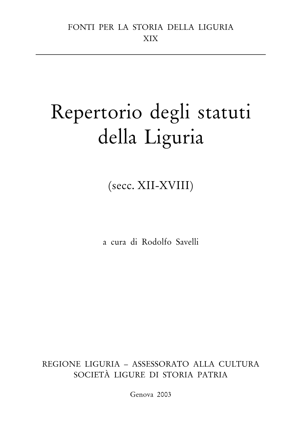 Repertorio Degli Statuti Della Liguria