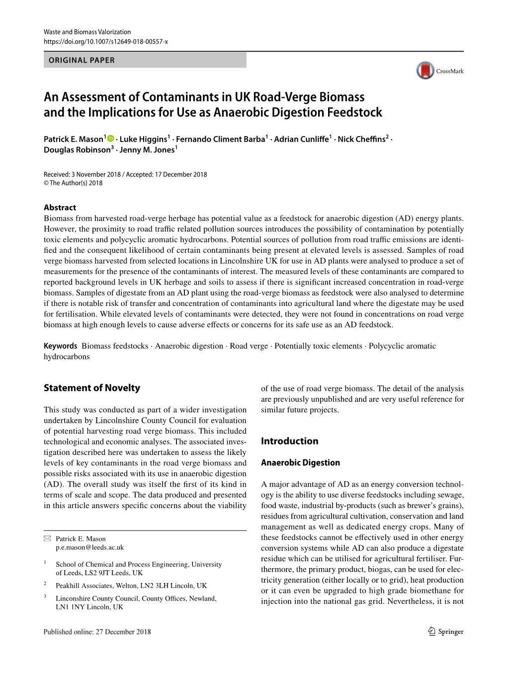 An Assessment of Contaminants in UK Road-Verge Biomass and the Implications for Use As Anaerobic Digestion Feedstock