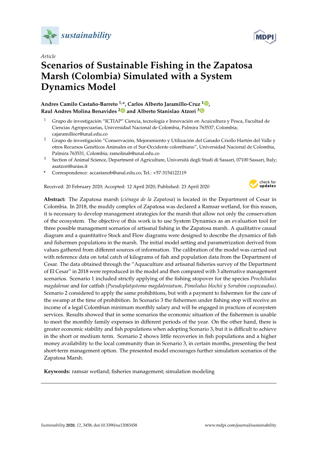 Scenarios of Sustainable Fishing in the Zapatosa Marsh (Colombia) Simulated with a System Dynamics Model