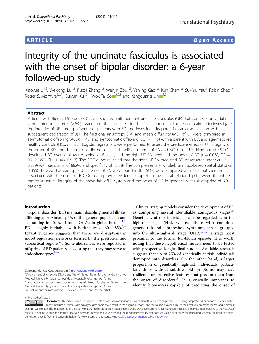 Integrity of the Uncinate Fasciculus Is Associated with the Onset