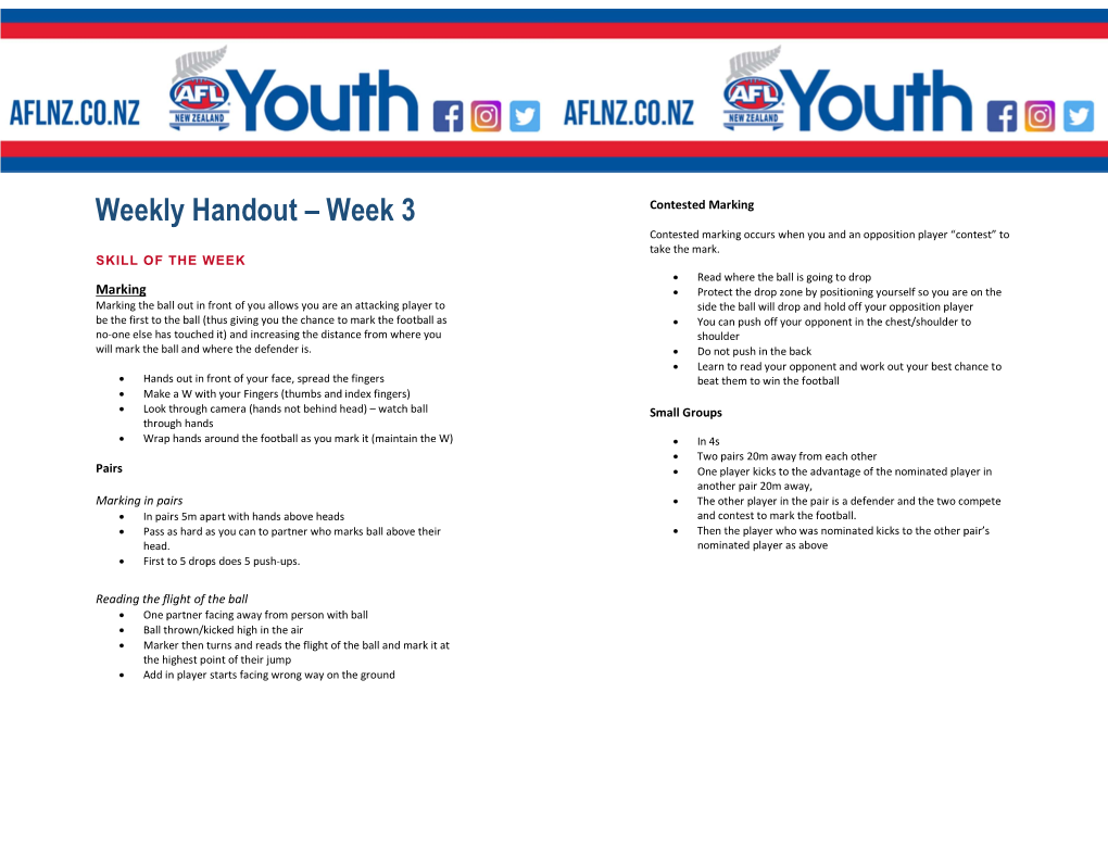 Weekly Handout – Week 3 Contested Marking Occurs When You and an Opposition Player “Contest” to Take the Mark