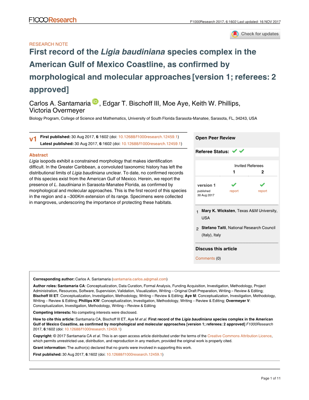 First Record of the Species Complex in the Ligia Baudiniana American Gulf