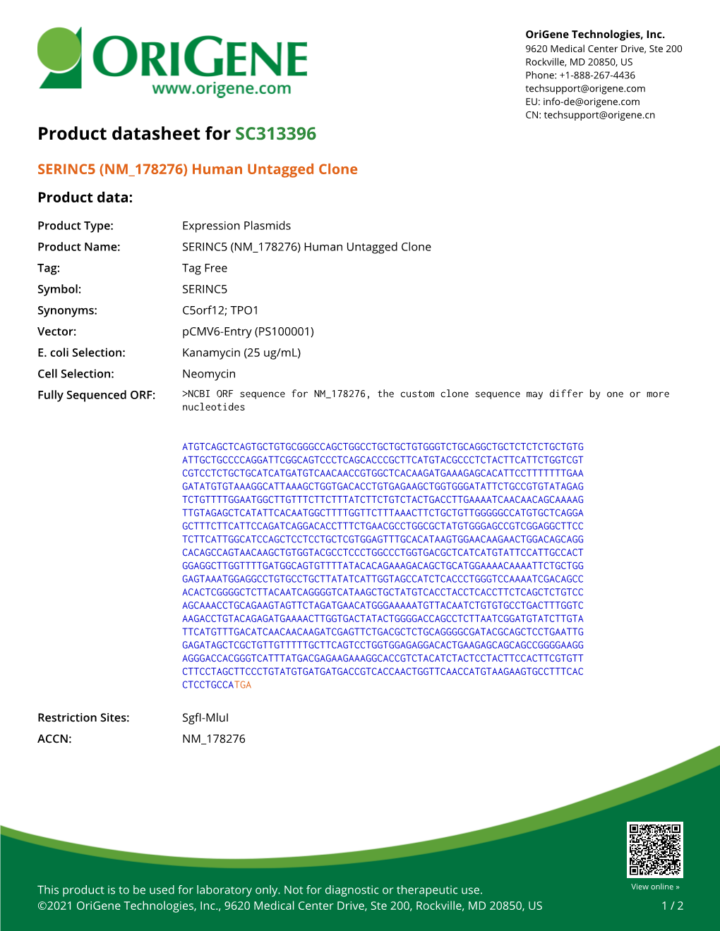 SERINC5 (NM 178276) Human Untagged Clone Product Data