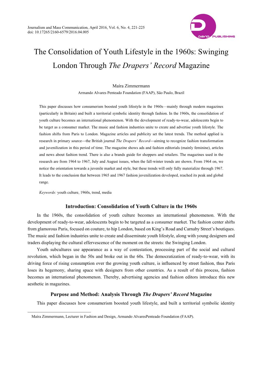 The Consolidation of Youth Lifestyle in the 1960S: Swinging London Through the Drapers’ Record Magazine