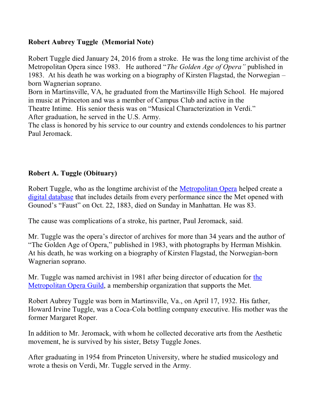 Robert Aubrey Tuggle (Memorial Note)