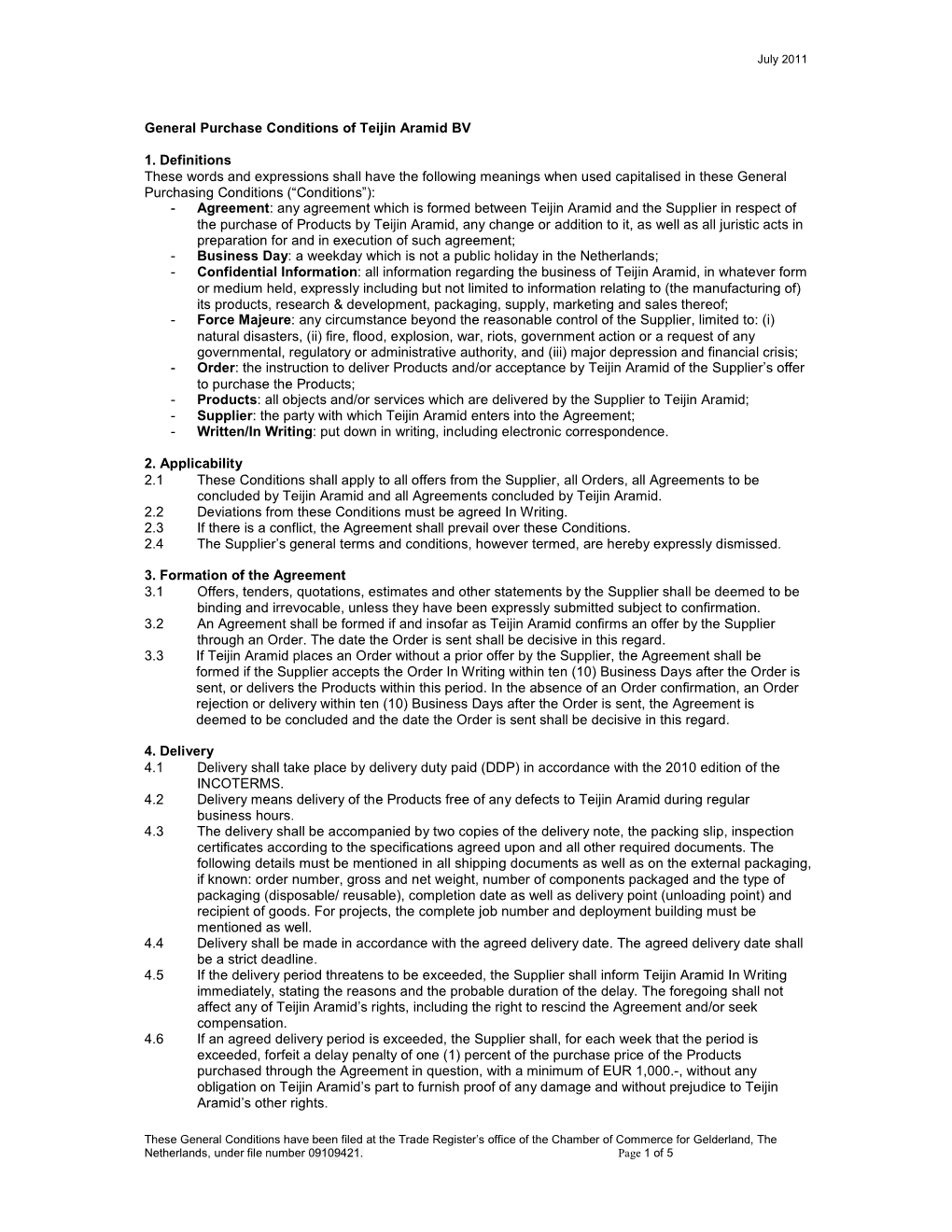 General Purchase Conditions of Teijin Aramid BV