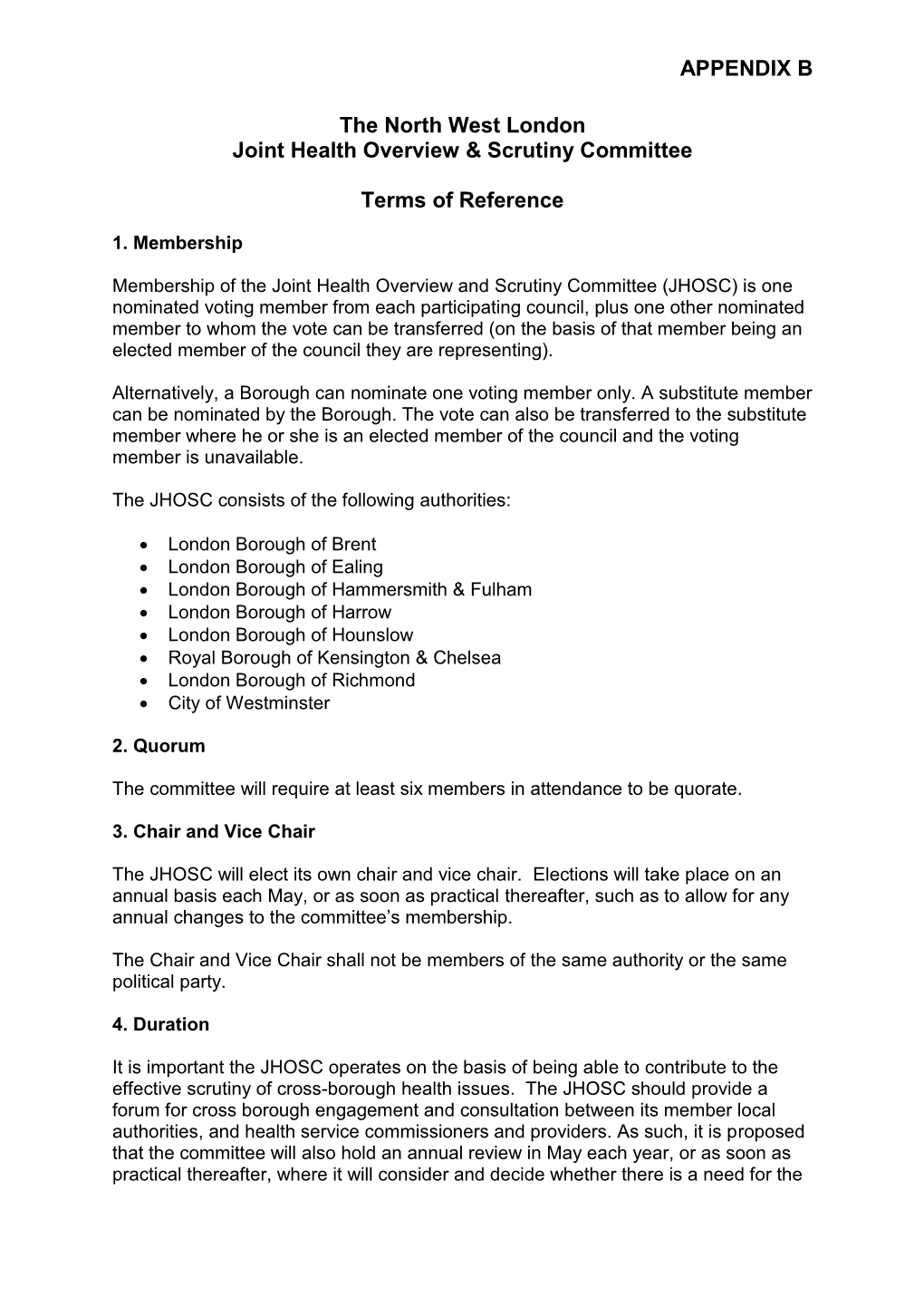 APPENDIX B the North West London Joint Health Overview & Scrutiny