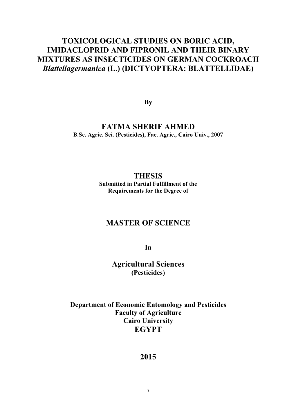 Toxicological Studies on Boric Acid, Imidacloprid And