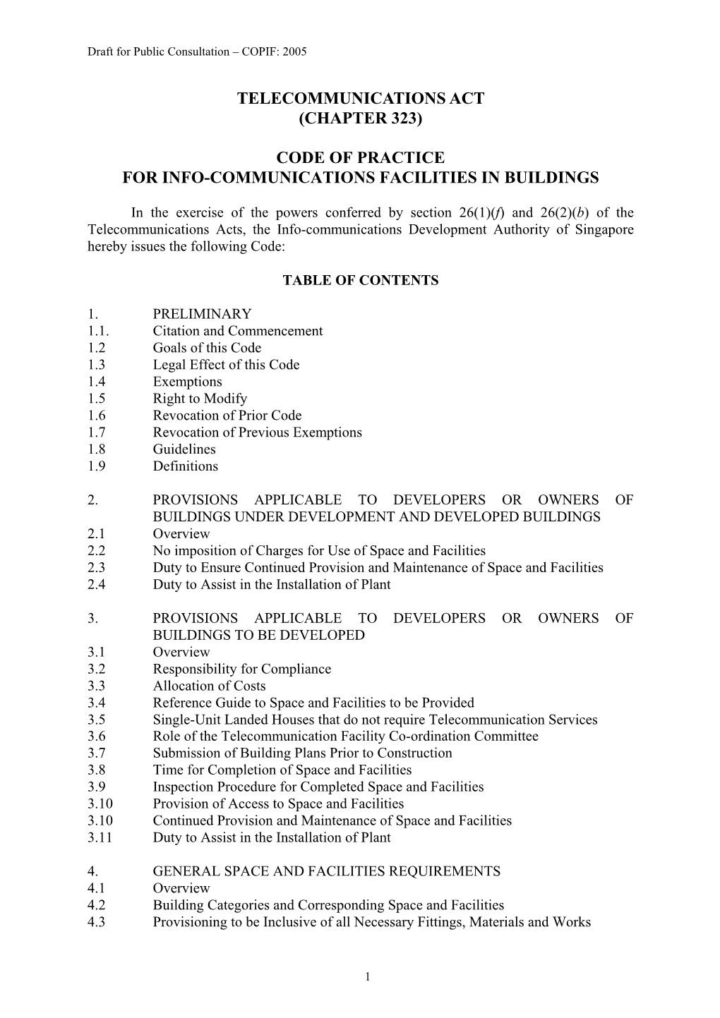 Telecommunications Act (Chapter 323) Code of Practice for Info-Communications Facilities in Buildings