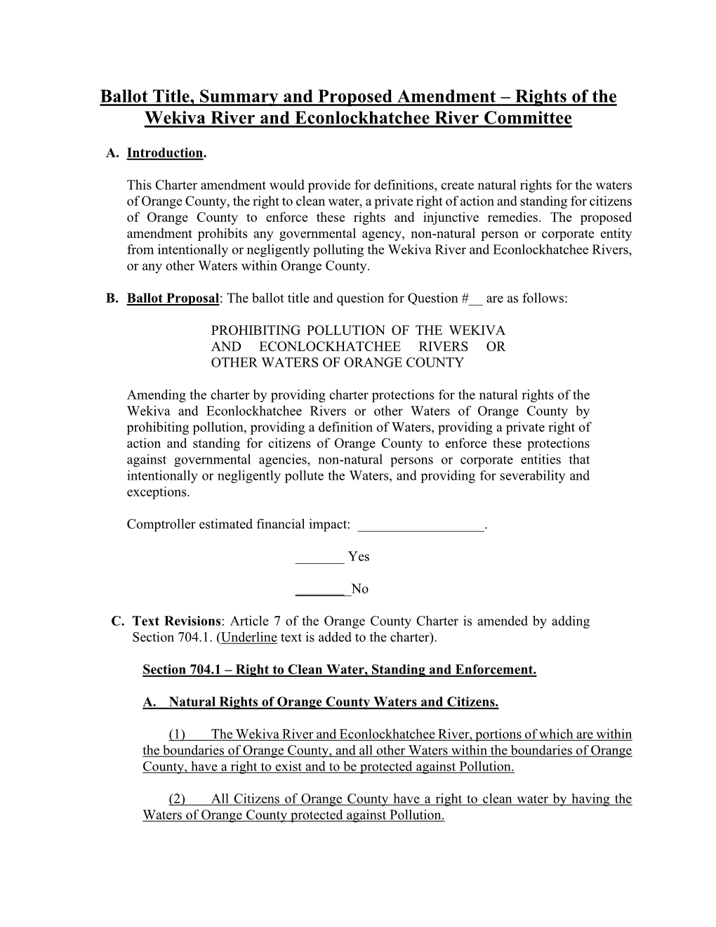 Ballot Title, Summary and Proposed Amendment – Rights of the Wekiva River and Econlockhatchee River Committee