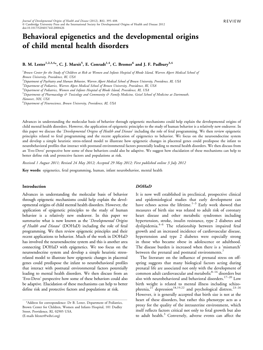 Behavioral Epigenetics and the Developmental Origins of Child Mental Health Disorders