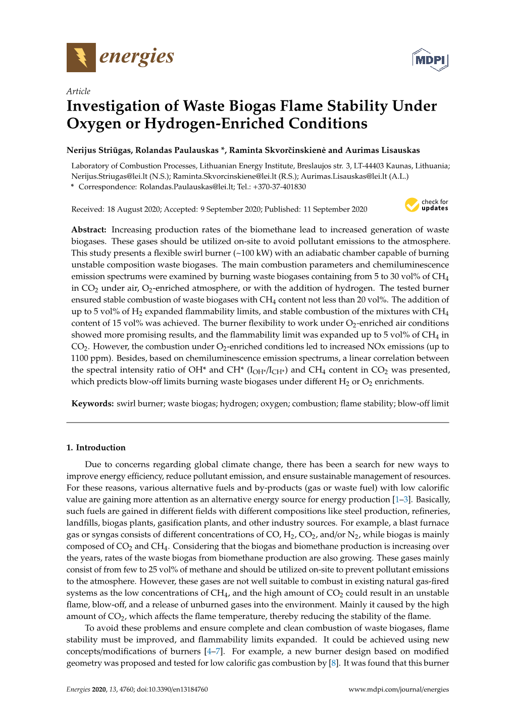 Investigation of Waste Biogas Flame Stability Under Oxygen Or Hydrogen-Enriched Conditions