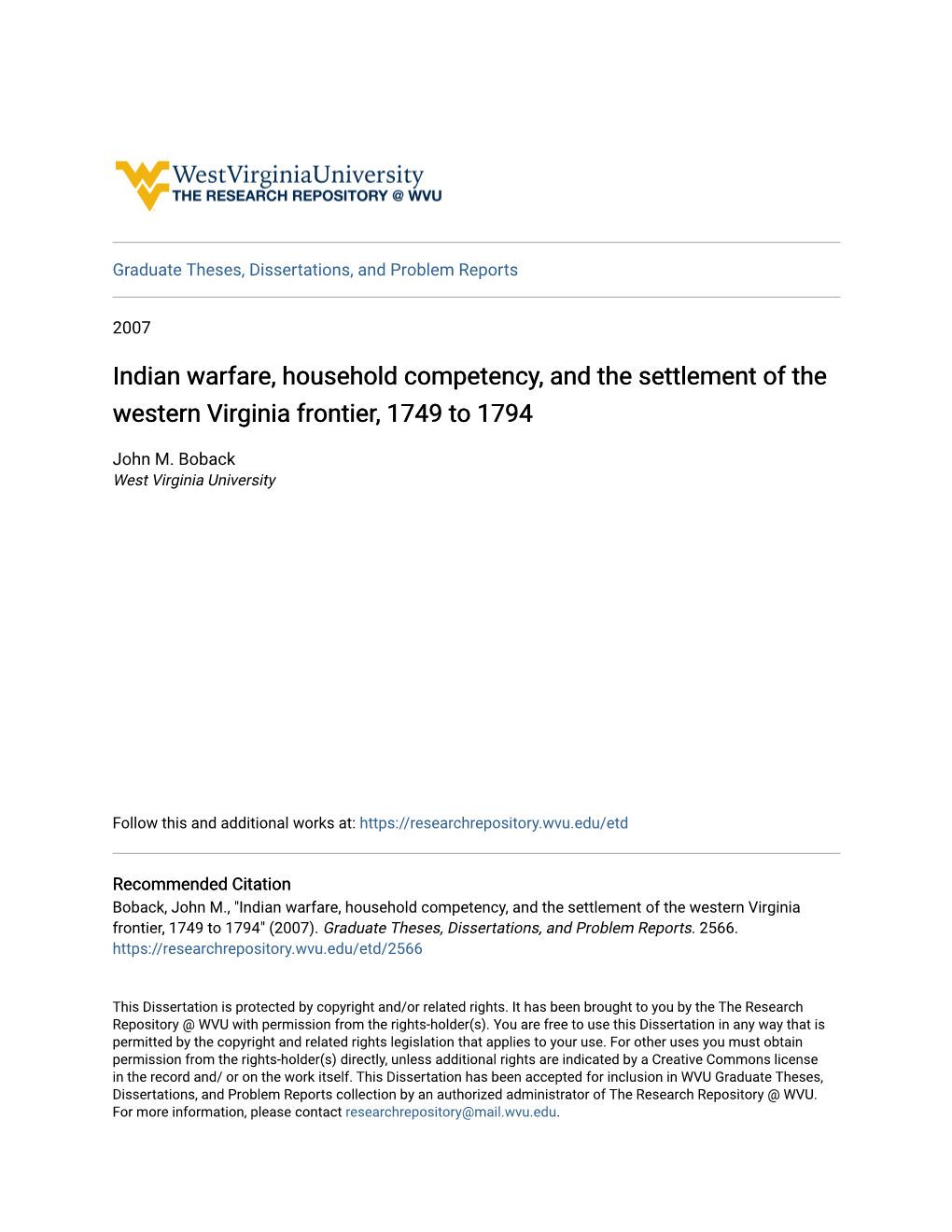 Indian Warfare, Household Competency, and the Settlement of the Western Virginia Frontier, 1749 to 1794