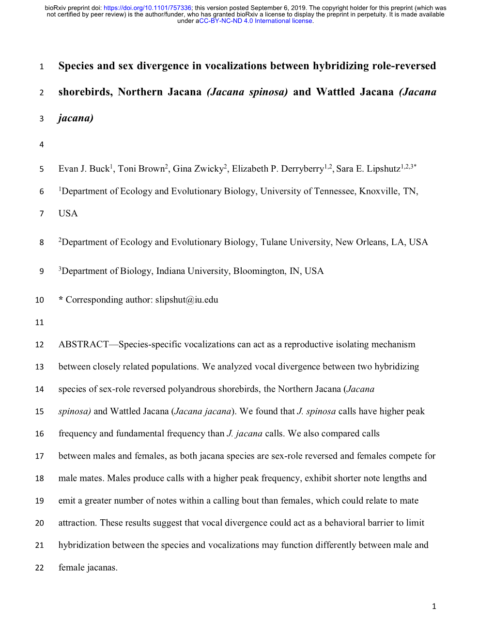 Species and Sex Divergence in Vocalizations Between Hybridizing Role-Reversed Shorebirds, Northern Jacana