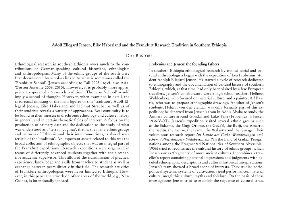 Adolf Ellegard Jensen, Eike Haberland and the Frankfurt Research Tradition in Southern Ethiopia Dirk Bustorf