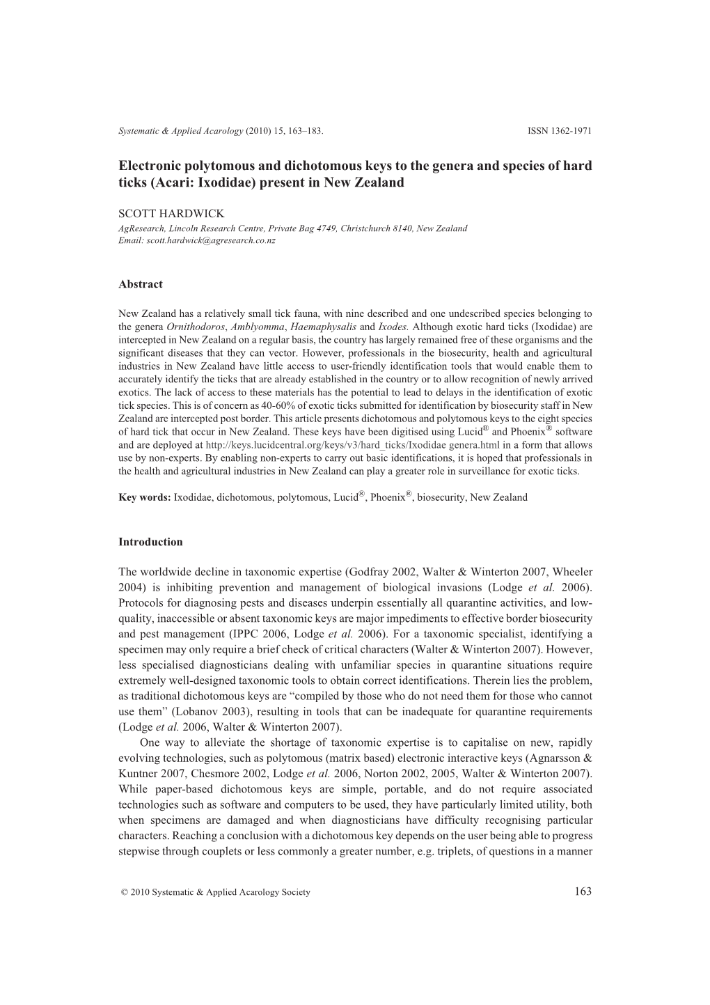 Electronic Polytomous and Dichotomous Keys to the Genera and Species of Hard Ticks (Acari: Ixodidae) Present in New Zealand