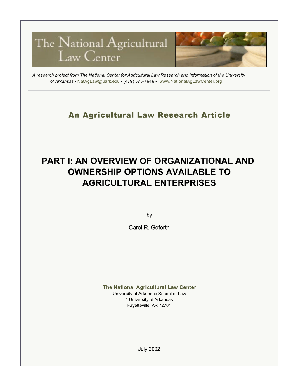 Research Publications, National Agricultural Law Center