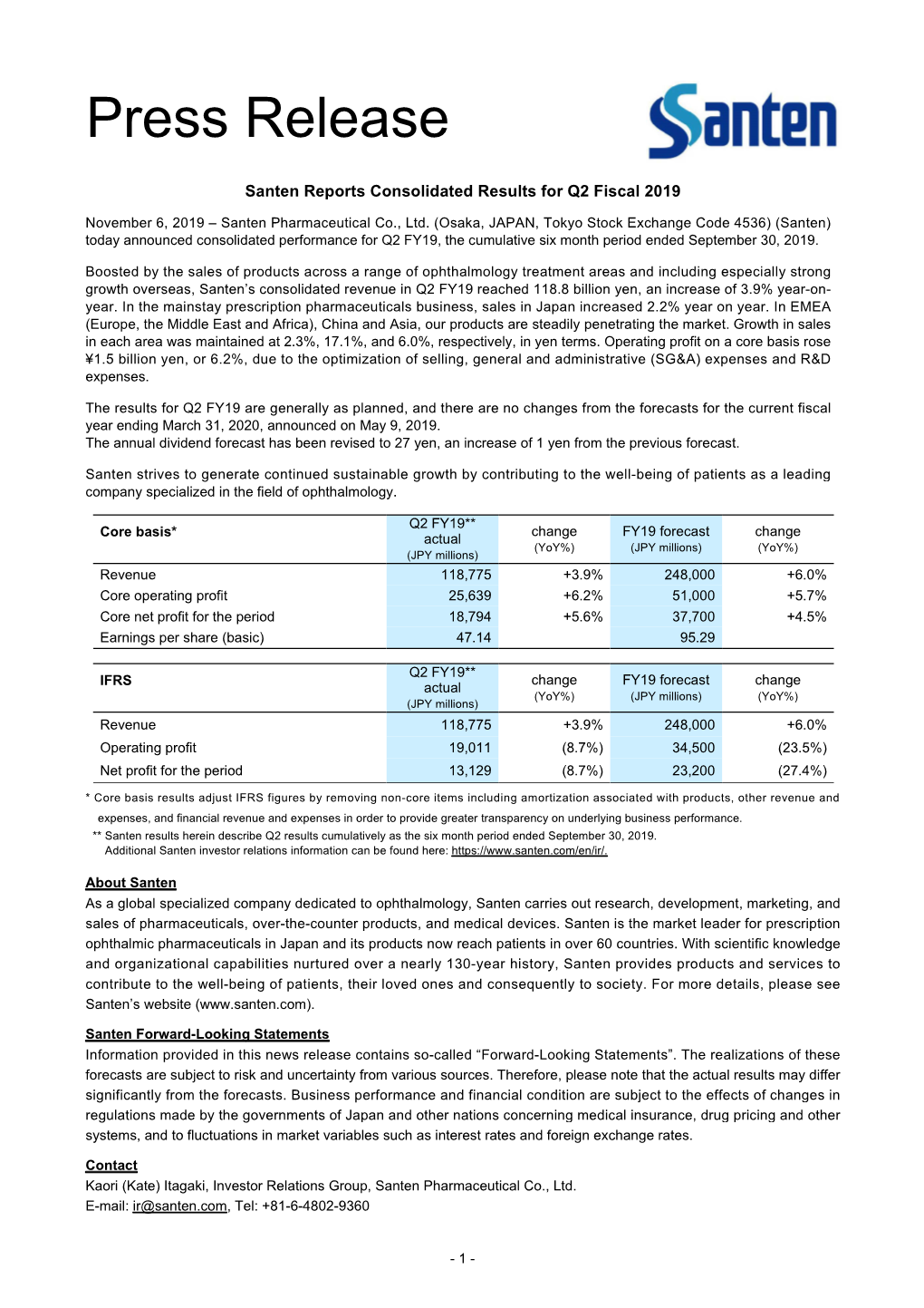 Santen Reports Consolidated Results for Q2 Fiscal 2019 | Santenusa.Com