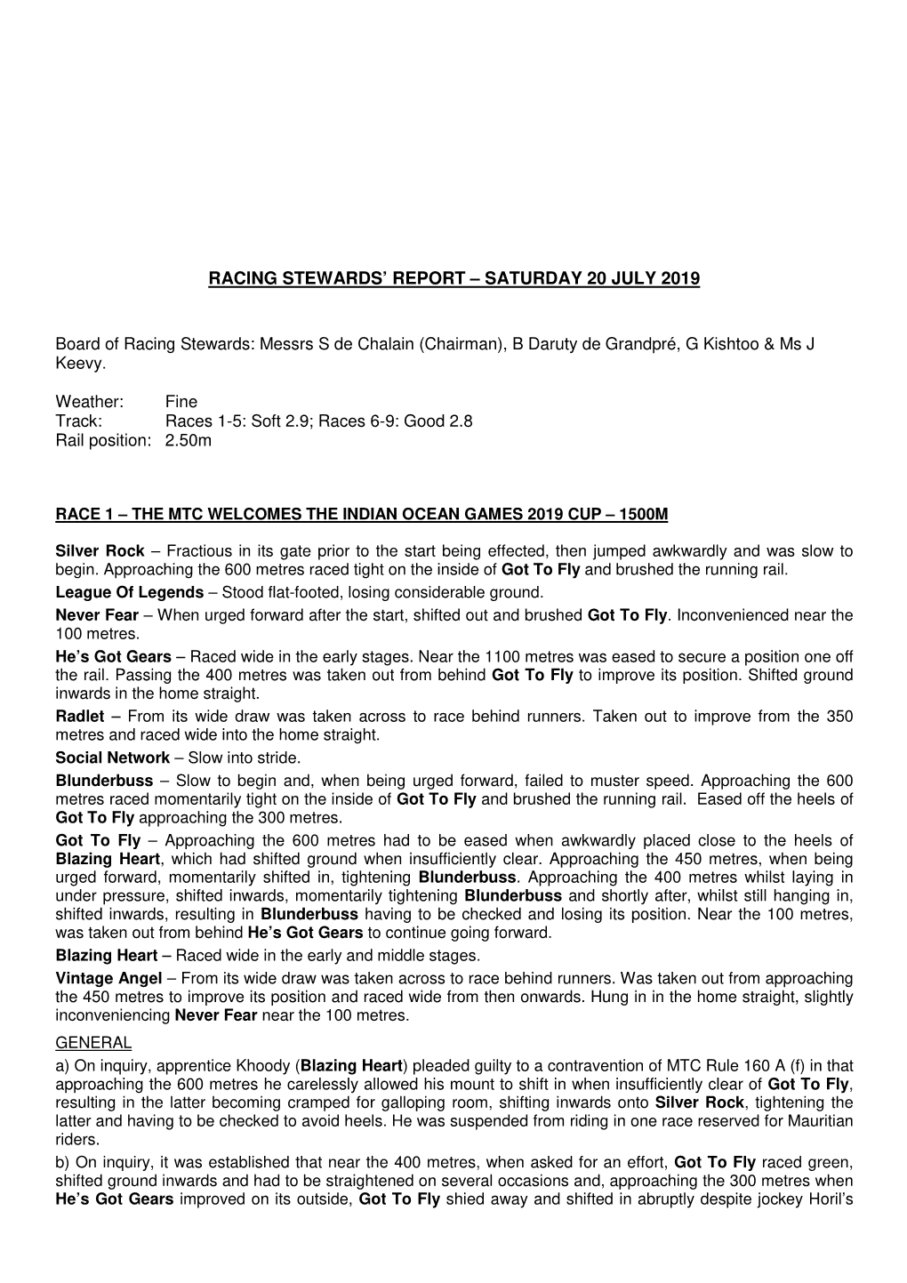 Racing Stewards' Report