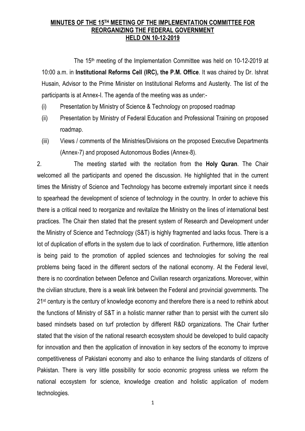 Minutes of the 15Th Meeting of the Implementation Committee for Reorganizing the Federal Government Held on 10-12-2019