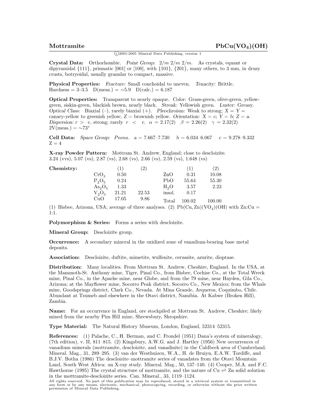 Mottramite Pbcu(VO4)(OH) C 2001-2005 Mineral Data Publishing, Version 1 Crystal Data: Orthorhombic