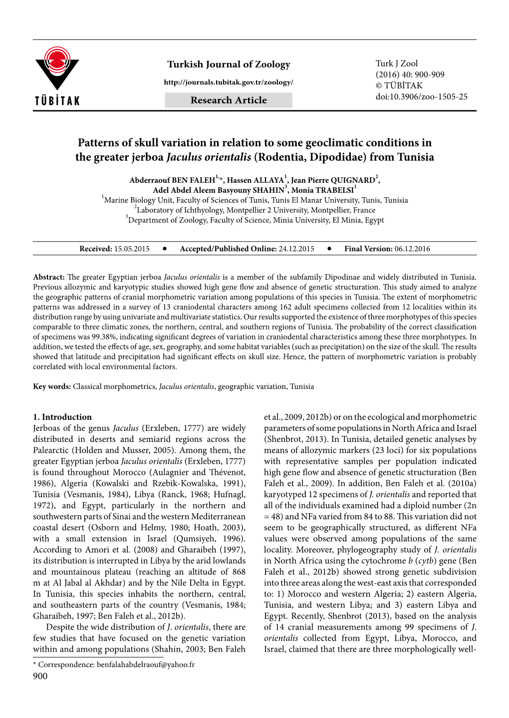 Patterns of Skull Variation in Relation to Some Geoclimatic Conditions in the Greater Jerboa Jaculus Orientalis (Rodentia, Dipodidae) from Tunisia