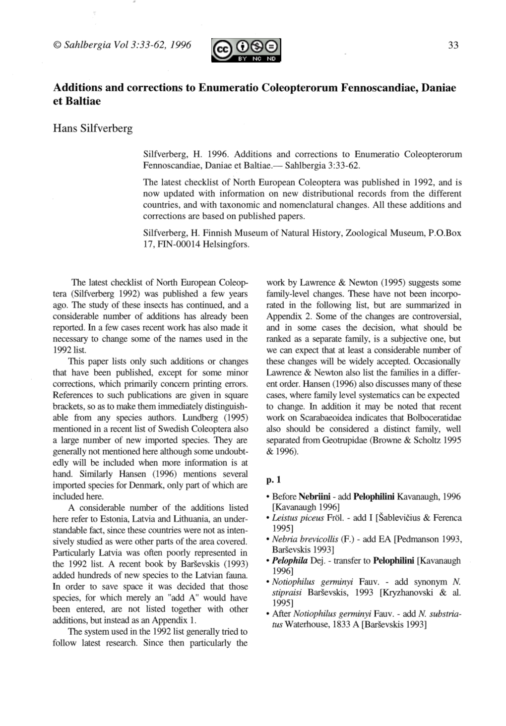 Additions and Corrections to Enumeratio Coleopterorum Fennoscandiae, Daniae Et Baltiae