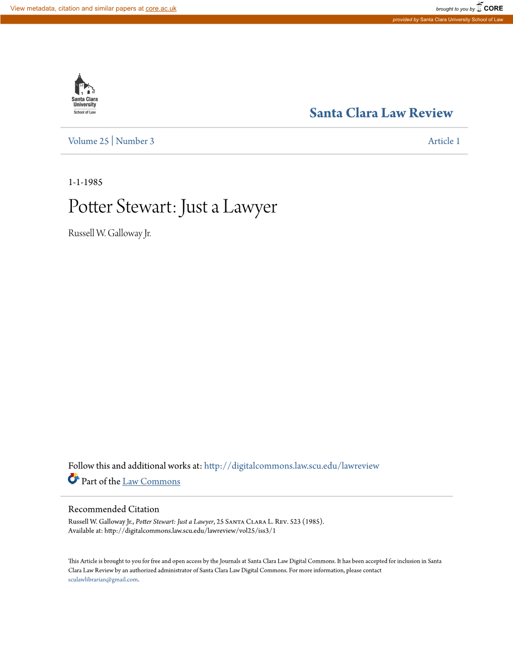 Potter Stewart: Just a Lawyer Russell W