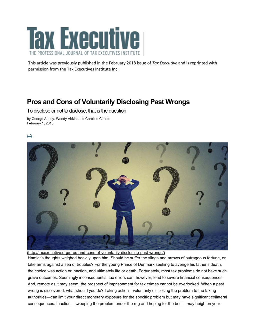 Pros and Cons of Voluntarily Disclosing Past Wrongs | Tax Executive