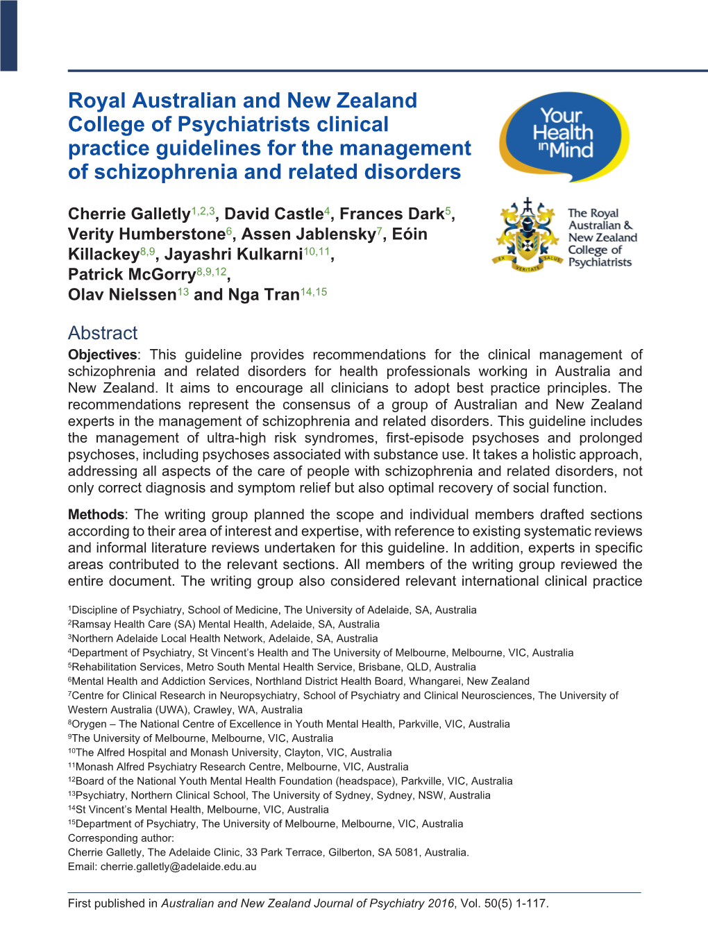 Schizophrenia Clinical Practice Guidelines