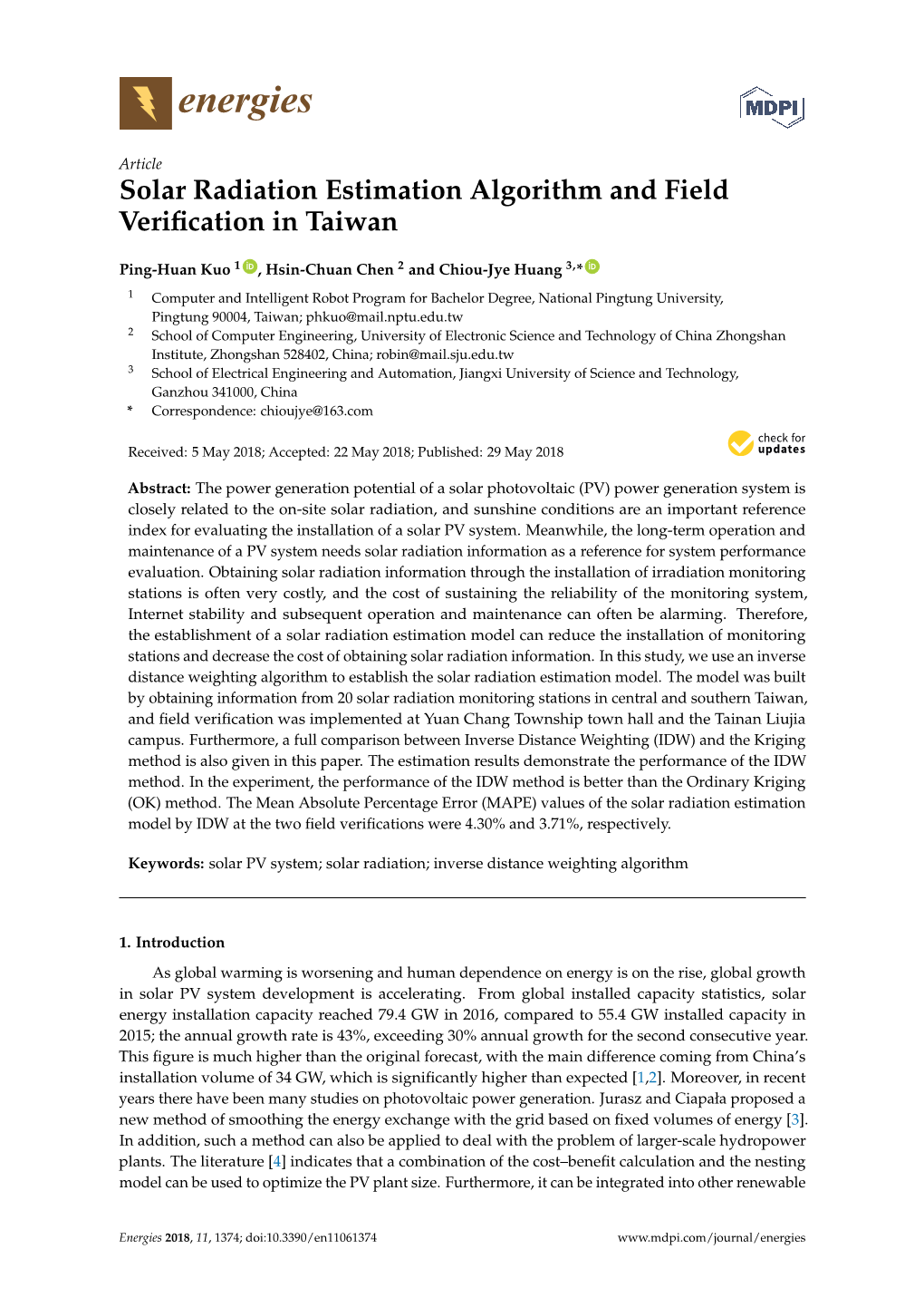 Solar Radiation Estimation Algorithm and Field Verification in Taiwan