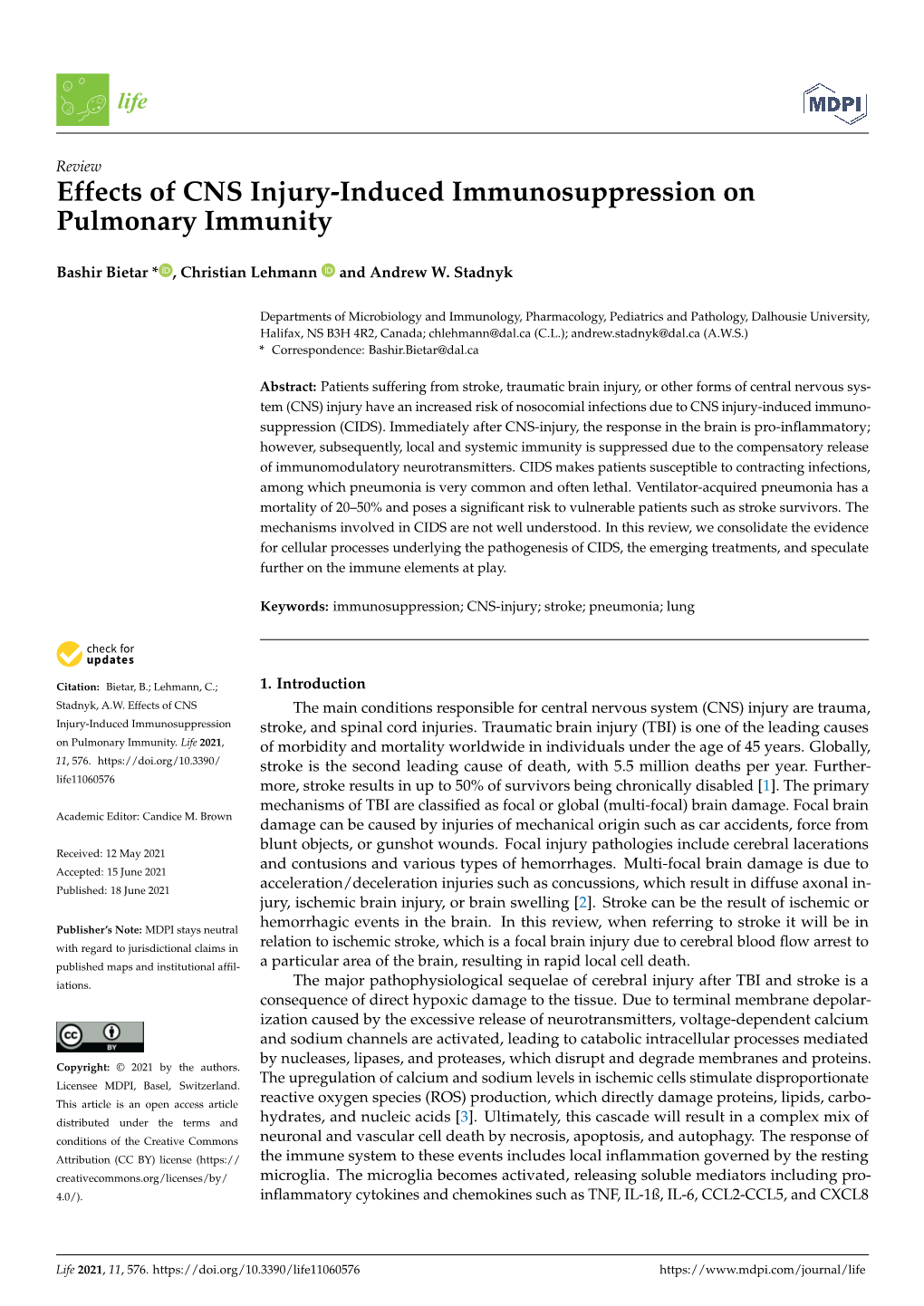 Effects of CNS Injury-Induced Immunosuppression on Pulmonary Immunity