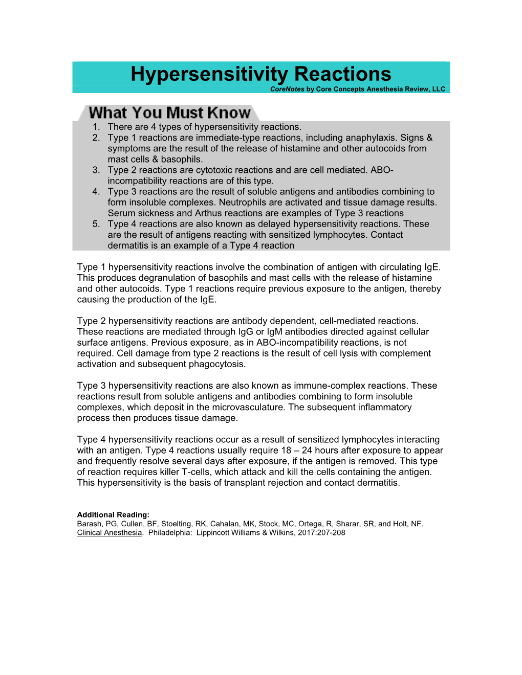 Hypersensitivity Reactions Corenotes by Core Concepts Anesthesia Review, LLC