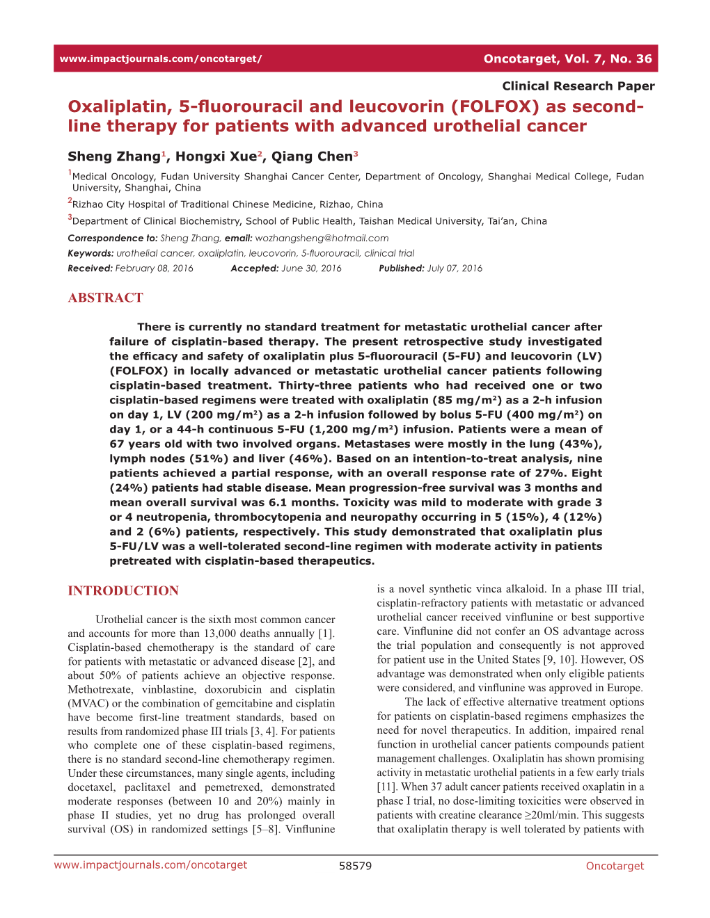 Oxaliplatin, 5-Fluorouracil and Leucovorin (FOLFOX) As Second- Line Therapy for Patients with Advanced Urothelial Cancer