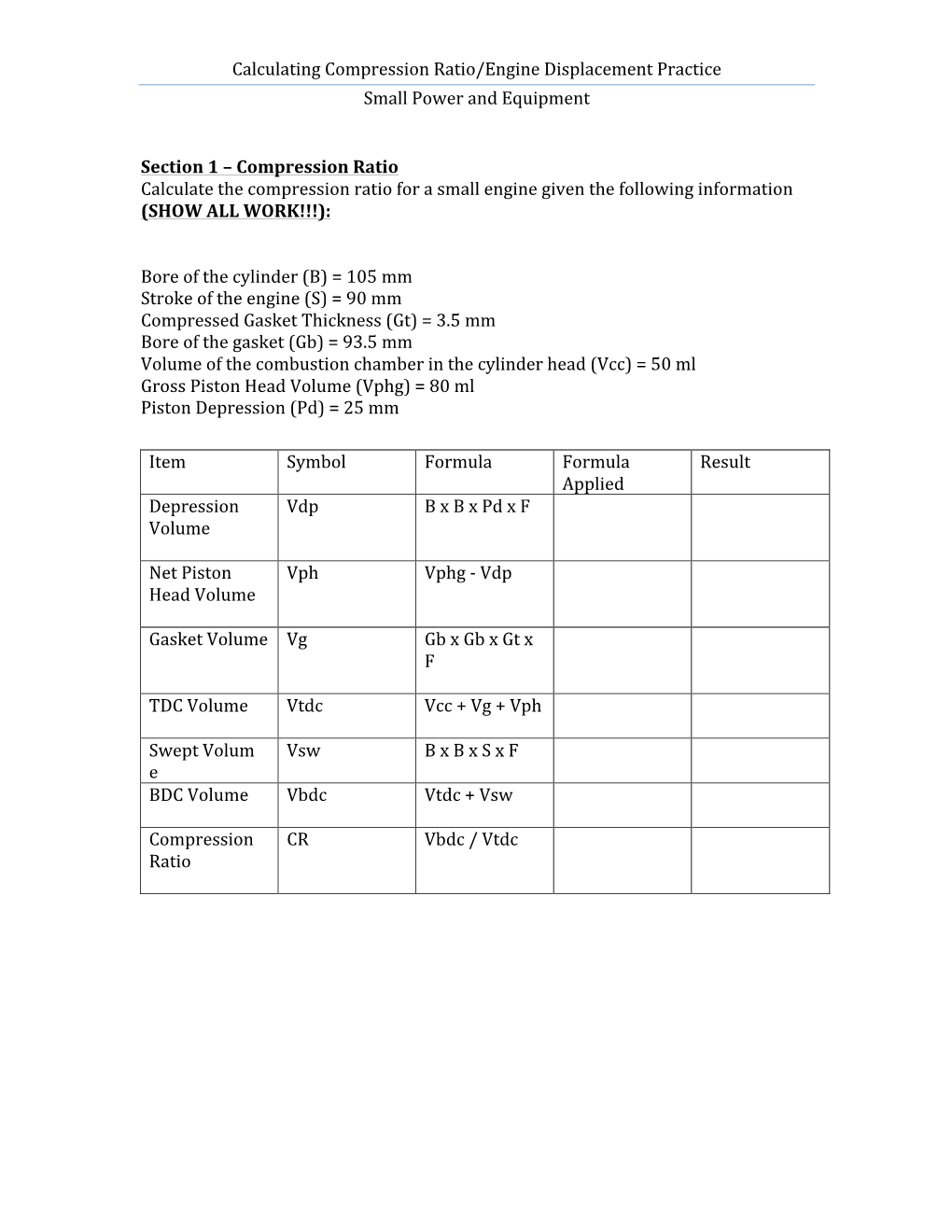 Calculating Compression Ratio/Engine Displacement Practice Small Power and Equipment Secti