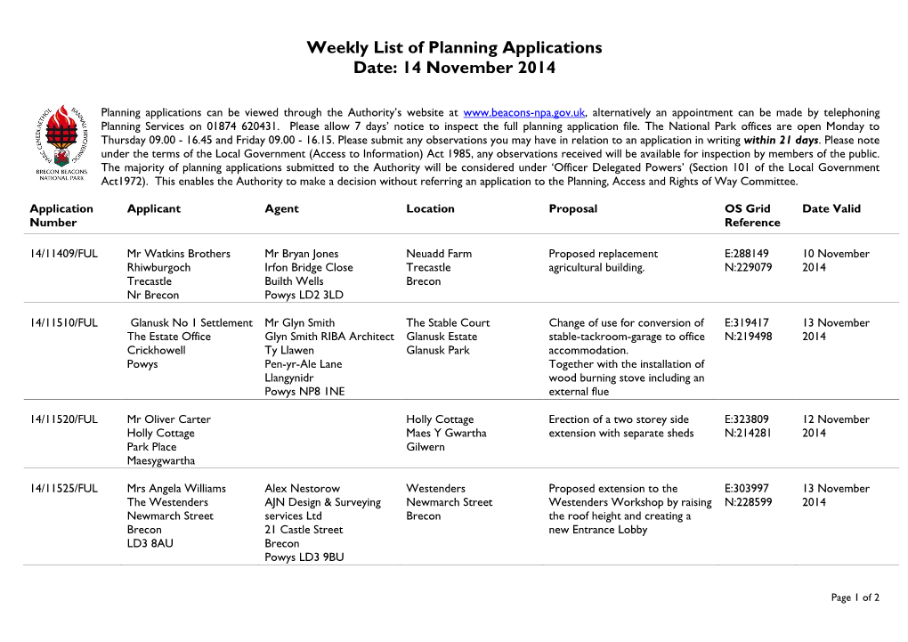 Weekly List of Planning Applications Date: 14 November 2014