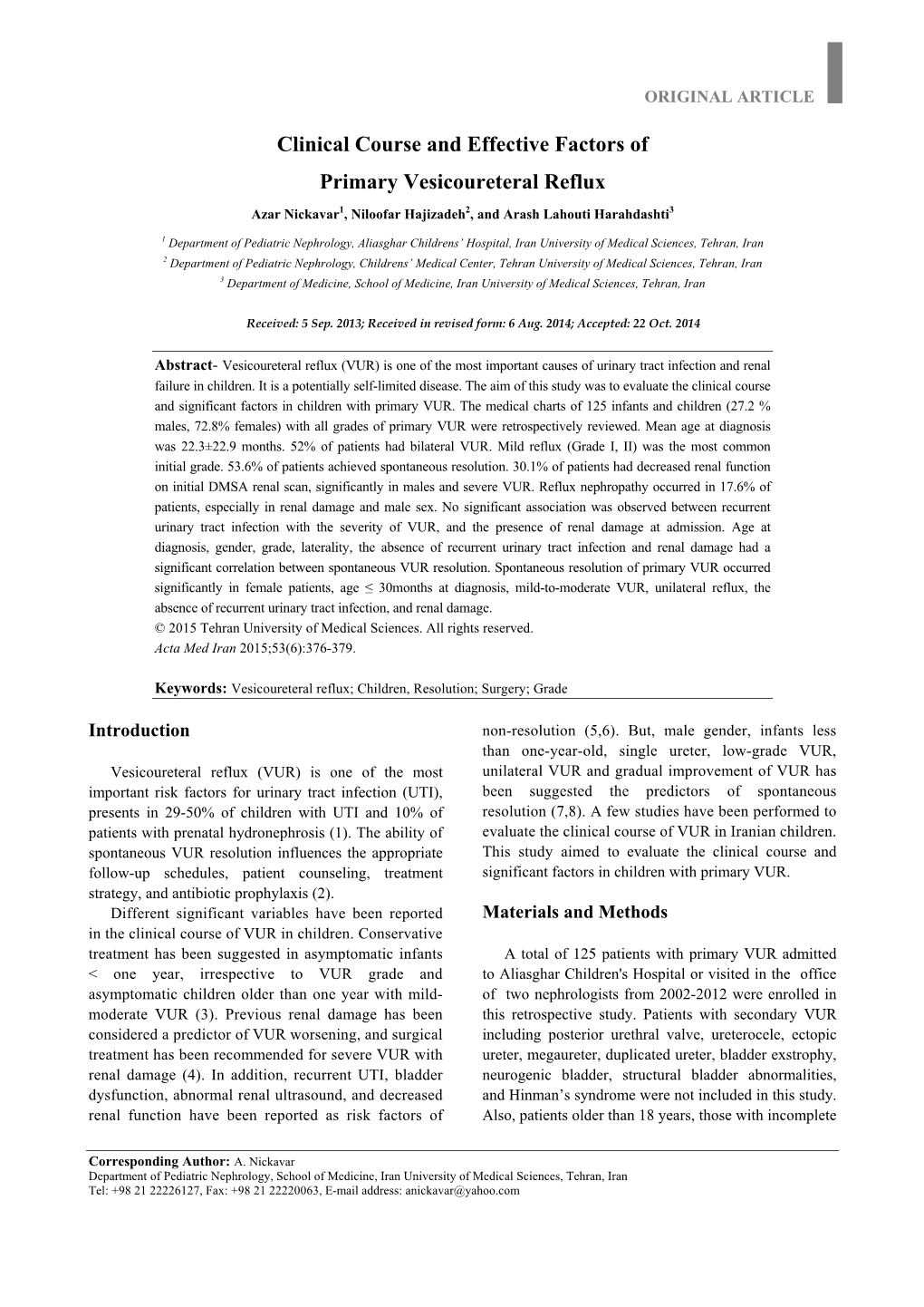 Clinical Course and Effective Factors of Primary Vesicoureteral Reflux