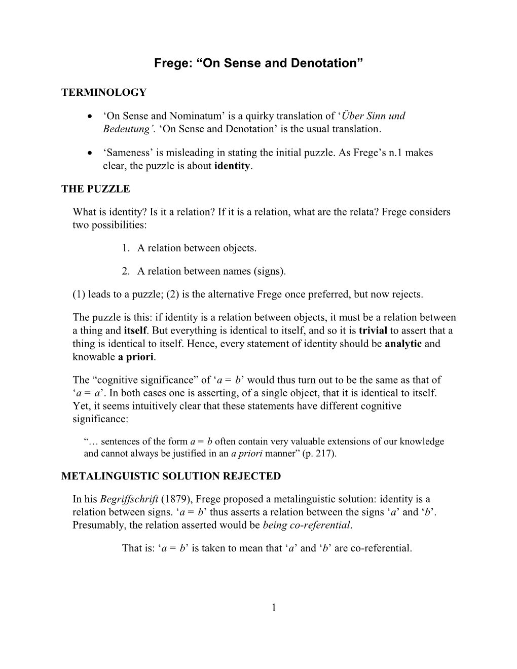 Frege: “On Sense and Denotation”