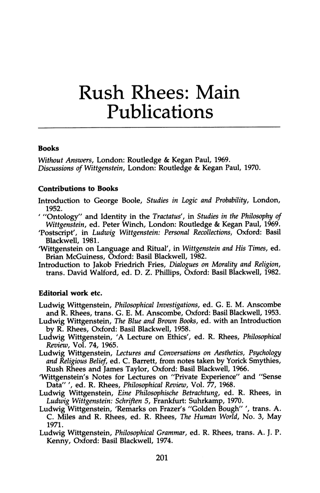 Rush Rhees: Main Publications