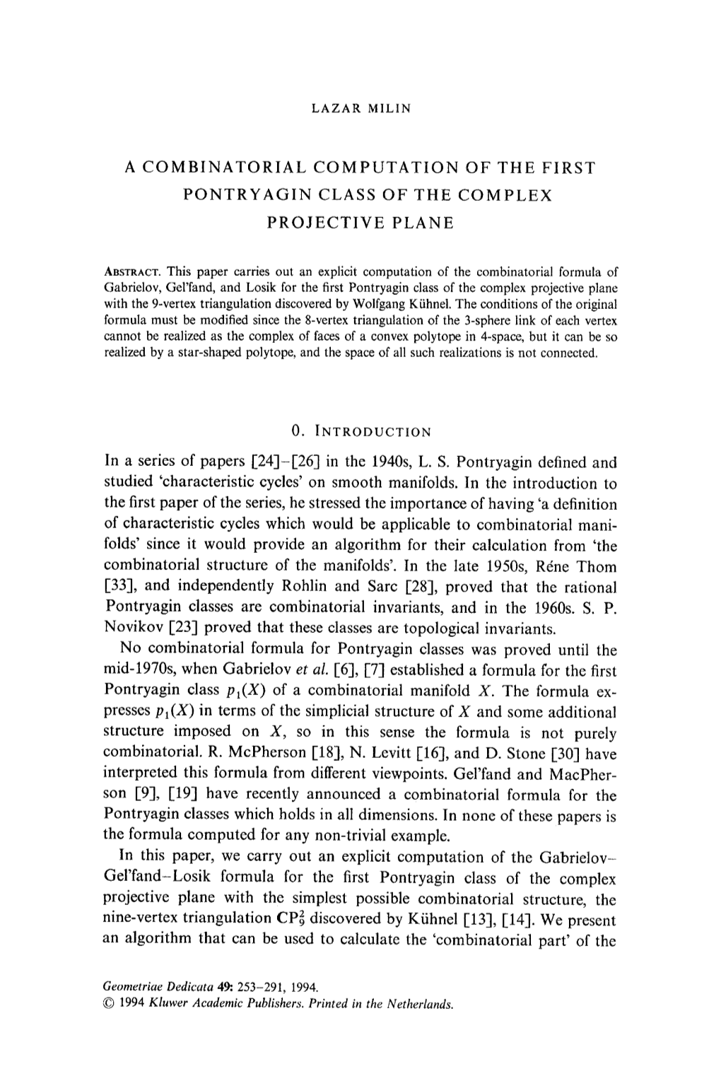 A Combinatorial Computation of the First Pontryagin Class of the Complex Projective Plane