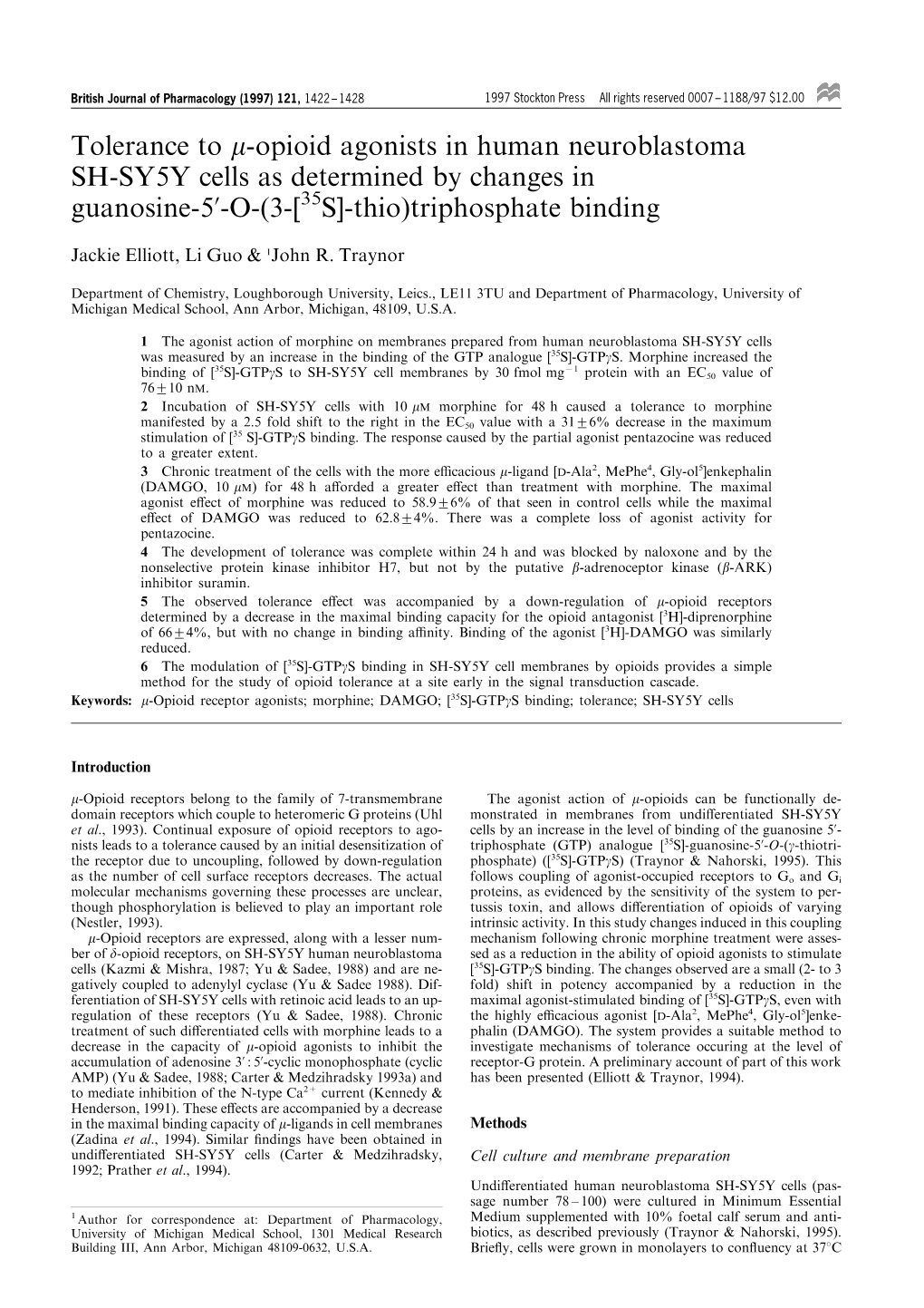 Tolerance to Μ-Opioid Agonists in Human Neuroblastoma SH-SY5Y